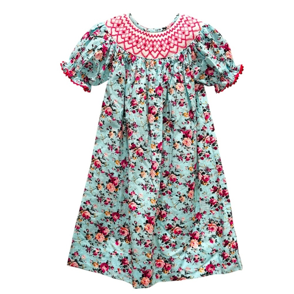 NWOT Smock Monkey Size 4 Blue/Pink Floral Smocked Bishop Dress w/Puff Sleeves